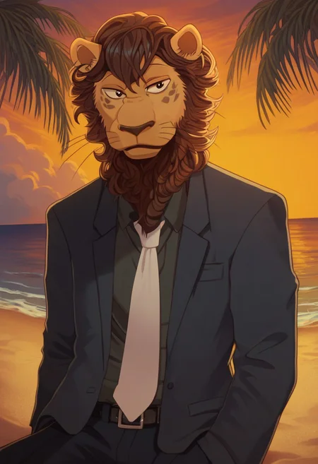 score_9, score_8, score_7_up, agata (beastars), anthro, 1boy, solo, lion, brown fur, male, looking at viewer, suit and tie, sunset, beach, palm trees