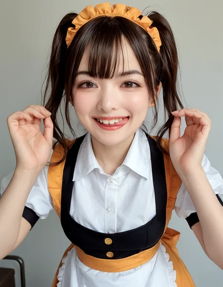 score_9, score_8_up, score_7_up, high quality, masterpiece,
Hight detail RAW color photo, professional photograph,
Cinematic Light, (Composition from the chest up),
japanese girl with Pigtails hair, cute idol, Brown eyes, evil grin,
Orange Maid Waitress uniform, White brim, open-chested white blouse,
sticking out side tongue, peromilk <lora:peromilk:0.8>