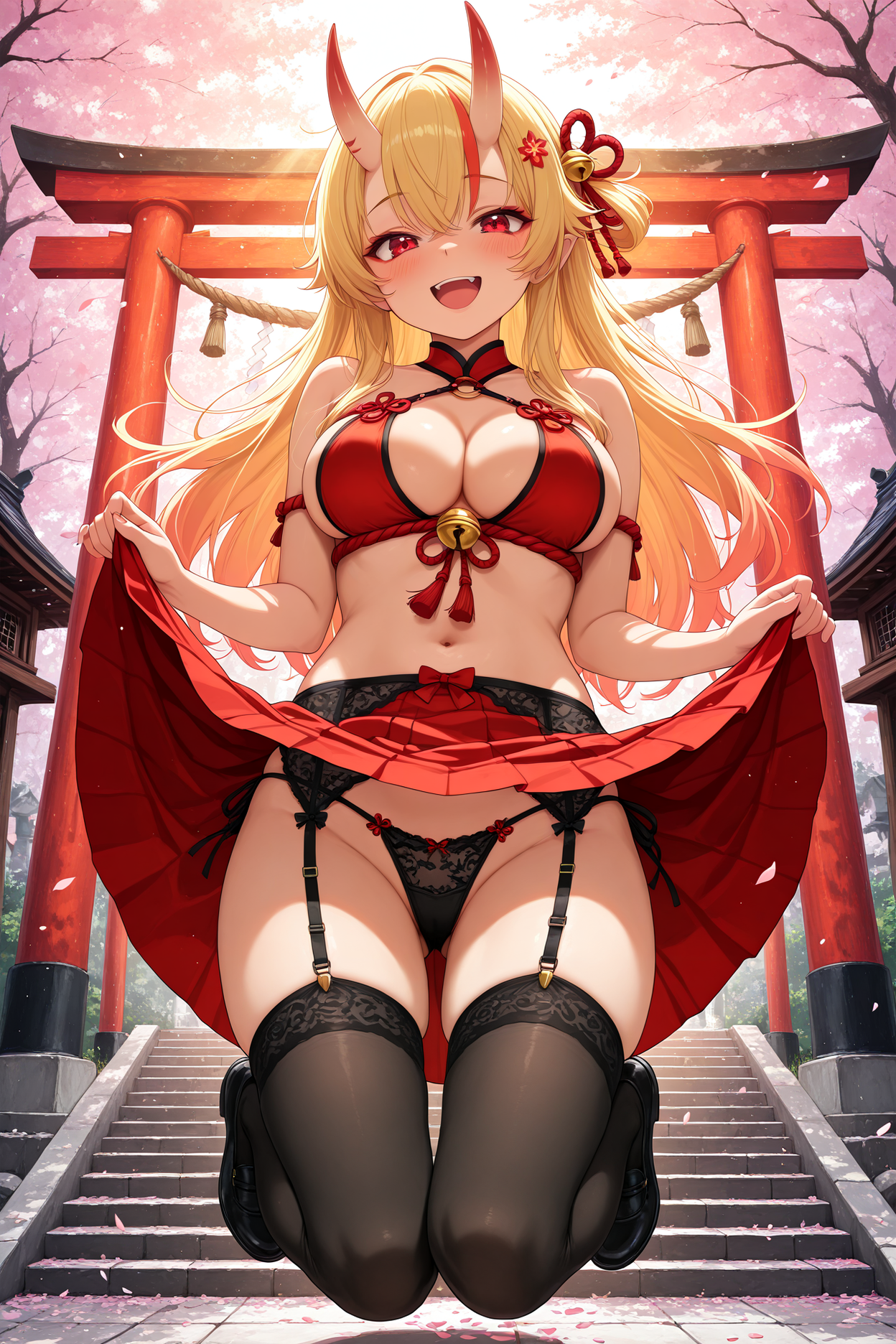 1girl, oni girl, horns, revealing clothing, jumping, from below, shrine, joyful expression, smile, laugh, bare shoulders, cleavage, sideboob, thighs visible, skirt lifted, blonde hair, red eyes, blush, dynamic pose, midriff, garter belt
BREAK
shrine background, torii gate, stone steps, cherry blossom petals, soft lighting, warm colors, light particles, sun rays, masterpiece, best quality, absurdres