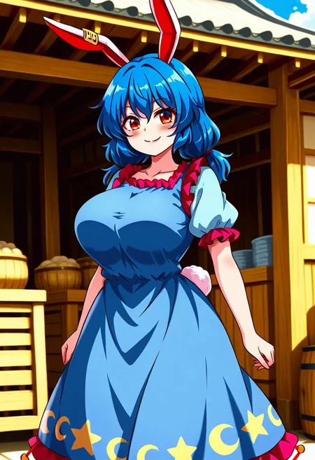 seireiart style, outside, (japanese village), (feudal japan), ((marketplace)), daytime, 1girl, solo, smile, blush, closed mouth, ((Large Breasts)), looking at viewer, ((standing)), ((posings)), seiran \(touhou\), rabbit ears, rabbit tail, blue hair, medium hair, red eyes, kine, blue dress, star \(symbol\), puffy short sleeves, crescent, earclip, stain, twintails, frills, star print