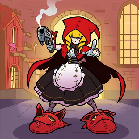 highres, best quality, masterpiece, very aesthetic, newest, <lora:ChaperomonIllustrious-000009:1>,1girl,solo,chaperomon,red hood,ribbon,dress,cape,stitched face,blonde hair, full body,cartoon,disney style,holding pistol,animal slippers, alleyway,pointing gun at viewer,annoyed,smoking cigarette,buildings,window
