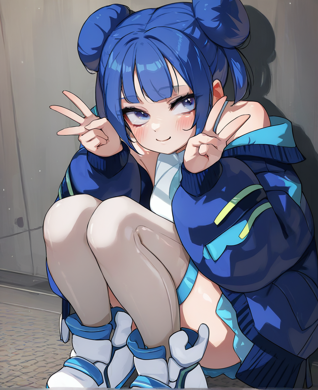 score_9. score_8_up. score_7_up,  <lora:hzk_mozu:1> hzk_mozu,  score_9, hzk_mozu, 1girl, double bun, squatting, hair bun, double v, blue jacket, blue hair, thighhighs, smile, blush, blue eyes, looking at viewer, white footwear, breasts, long sleeves, short hair, closed mouth, bare shoulders