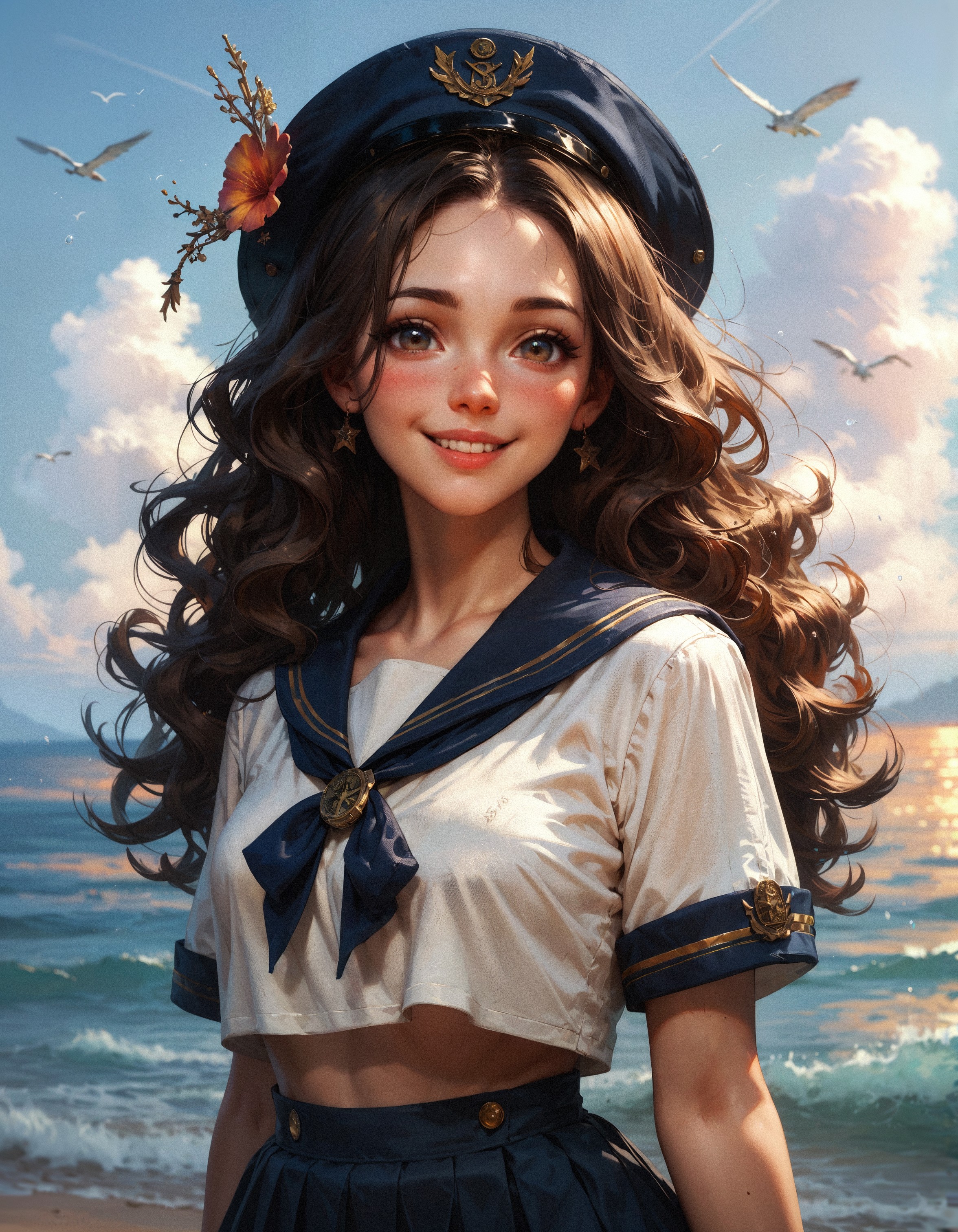 score_9, score_8_up, score_7_up, score_6_up, score_5_up, score_4_up,  woman, sailor uniform, sexy body, cute, narrow hips, smiling, seashore, ocean, long brown wavy hair, pale skin, hazel eyes, blushing, sailor hat, golden hour