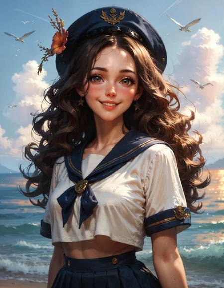 score_9, score_8_up, score_7_up, score_6_up, score_5_up, score_4_up,  woman, sailor uniform, sexy body, cute, narrow hips, smiling, seashore, ocean, long brown wavy hair, pale skin, hazel eyes, blushing, sailor hat, golden hour