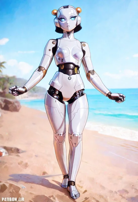 masterpiece,best quality,amazing quality ,1girl,18yo,solo,breasts,blue eyes,outdoors,sky,day,cloud,ocean,beach,robot,science fiction,android,cable,joints,robot joints,mechanical parts,humanoid robot,woman robot,A photo-realistic shoot from the front about a humanoid robot standing on a beach with a clear blue sky and ocean in the background.the image also shows a solo female robot,standing in the middle of the image,facing the viewer with her blue eyes looking directly at the viewer.the robot has a sleek,metallic white body with black wires attached to it,giving it a futuristic appearance.it has a smooth,polished appearance and is wearing no clothing,no pants,no shoes,and no accessory.the woman has a slender build and is barefoot,with her arms at her sides.the background features a clear sky with fluffy white clouds and the ocean,with a small island in the distance.