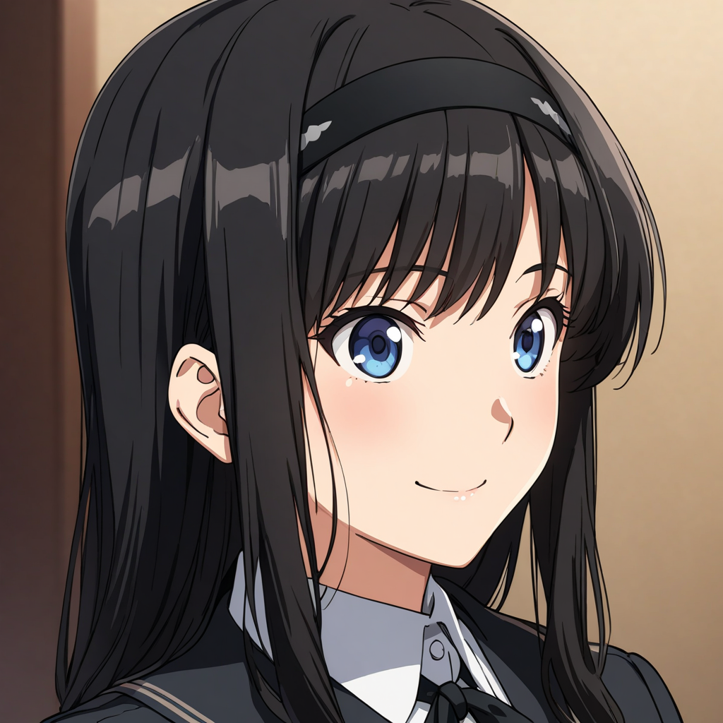 (masterpiece),(best quality),(ultra-detailed),(best illustration),(best shadow),(absurdres),(detailed background),(very aesthetic), haruka_morishima, 1girl, solo, kibito high school uniform, school uniform, hairband, long hair, blue eyes, black hair, long sleeves, smile, black jacket, jacket, very close-up, portrait, anime coloring<lora:Haruka_Morishima:1>