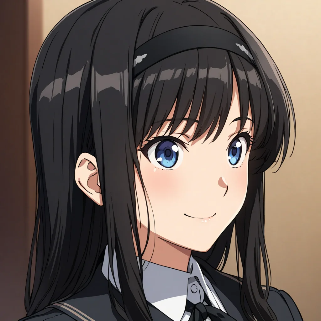 (masterpiece),(best quality),(ultra-detailed),(best illustration),(best shadow),(absurdres),(detailed background),(very aesthetic), haruka_morishima, 1girl, solo, kibito high school uniform, school uniform, hairband, long hair, blue eyes, black hair, long sleeves, smile, black jacket, jacket, very close-up, portrait, anime coloring<lora:Haruka_Morishima:1>