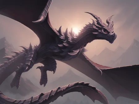 score_9, score_8_up, score_8, alduin, dragon, wyvern, feral, male, tail, black scales, red eyes, serious expression, wings, 3 claws, digital painting, solo, flat color, soft lighting, worm's-eye view, flying, mountain background, <lora:princess_xl_v2:1>, <lora:Smooth Anime Style LoRA XL:1>, <lora:LoraAlduinBYXL_alduin:1>