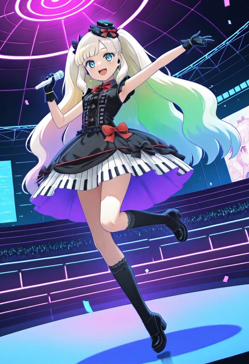masterpiece, best quality, 1girl, solo,  zzMayu, cyberpunk, neon-lit stage, digital twin, twin-tails of glowing green and pink, translucent gradient dress, chrome bow, holographic hat, pulse gloves, glowing kneehighs, floating mic, pixel stream background, wide smile, victory pose, crowd of fans, confetti rain, blue and violet spotlights  Mayu floats midair on a hard-light platform, one hand raised to the roar of a million screaming fans. Her voice echoes across the digital skyline as pixels spiral from her fingertips. Clad in shimmering tech-fabric and glowing accessories, sheâs not just an idolâsheâs the signal in the noise, the voice of the future. narrow waist,  , <lora:MAYULoveLogic_IXL:1.0>,