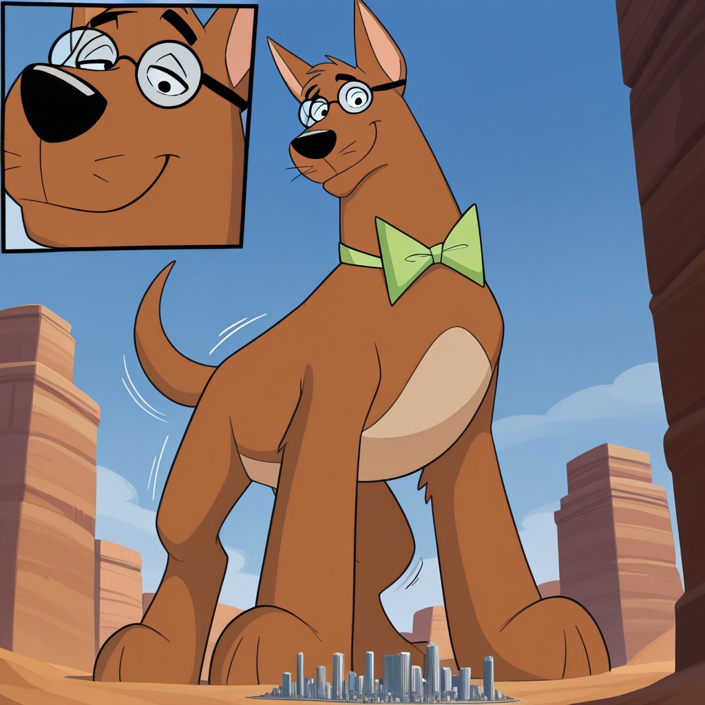 score_9, score_8_up, score_7_up, score_6_up, (source_furry), BREAK, high quality, detailed, best quality, amazing quality, 1boy,solo, furry male, anthro, Juniorsfather, furry, pointy ears, feral, canine, dog, black nose, brown body, brown fur,body fur,detailed cityscape, taking up the whole screen, newest, highres, masterpiece, extreme detail, giantess, male, landscape dwarfing,standing,impact, growth lines,close-up, looking down at viewer, smug, beige belly, sky, blue sky, day, tail, glasses, green bowtie, big paws, desert