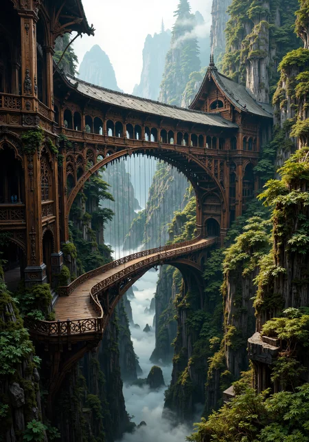 Colossal wooden skybridge spanning misty canyons, intricate lattice trusses, ancient redwood timbers, soaring Gothic arches, ornate Balinese carvings, moss-covered joints, sunlight filtering through gaps, vertiginous height, impossibly long span, intertwined with living trees, swaying gently, creaking timbers, weathered patina, birds nesting in eaves, suspension cables of woven vines, panoramic mountain vistas, wisps of fog curling around pillars, dizzying perspective from below, 8k resolution, hyper-detailed textures, cinematic lighting, golden hour glow, awe-inspiring engineering feat, blending nature and architecture seamlessly <lora:Hand v2:0.9> <lora:FluxMythAn1meL1nes:0.3> <lora:FluxFantasyDetailerV2:0.2> <lora:FluxMythV2:0.3> <lora:flux_dev:1>