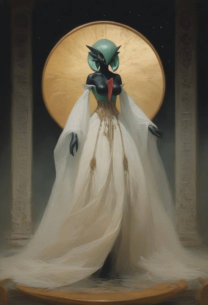 ((score_9, score_8_up, score_7_up)), (high contrast), (flat shapes), vertical lines, oil painting, realistic, grimdark, 
gardevoir, green_hair, green_skin, hair_over_one_eye, pokemon, 
An enigmatic figure of an old god, (golden metalic mask of alien cat), black skin, majestic white outfit, holding huge gold spear, metallic, ((jewelry)), Ancient mystique. gesturing hands, bare feet, Egyptian. 
surreal background, under a dark starry sky. The style of a vintage, high-contrast setting. Emphasize theatrical elements, extreme contrast of bright colors against dark, moody backgrounds, ph4nt0m01l, style-empire, hand