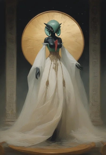 ((score_9, score_8_up, score_7_up)), (high contrast), (flat shapes), vertical lines, oil painting, realistic, grimdark, 
gardevoir, green_hair, green_skin, hair_over_one_eye, pokemon, 
An enigmatic figure of an old god, (golden metalic mask of alien cat), black skin, majestic white outfit, holding huge gold spear, metallic, ((jewelry)), Ancient mystique. gesturing hands, bare feet, Egyptian. 
surreal background, under a dark starry sky. The style of a vintage, high-contrast setting. Emphasize theatrical elements, extreme contrast of bright colors against dark, moody backgrounds, ph4nt0m01l, style-empire, hand
