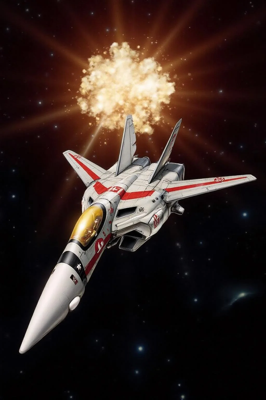 m9cha illustration.
a futuristic jet aircraft, specifically a fighter-bomber, in mid-flight. The aircraft is depicted against the darkness of deep space with a super nove explosion. The jet, predominantly white with a sleek, aerodynamic design, features a prominent red and black color scheme on its fuselage and wings. It has a pointed nose, swept-back wings, and twin vertical stabilizers with a cross design on the horizontal stabilizers. <lora:macmecha1_cap_d6a3e11:1.0><lora:820690524525735908:0>