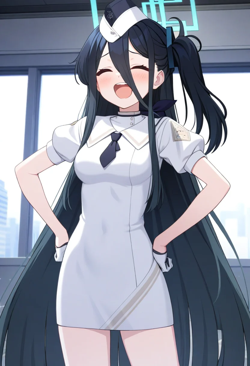 game cg, 1girl, solo, operator uniform, aris \(blue archive\), long hair, halo, closed eyes, laughing, standing, hands on own hips, white garrison cap, neckerchief, short jacket, white dress, short necktie, puffy short sleeves, large breasts, half gloves, white short boots, <lora:utnapishtim_operator_ag3.1:0.8>