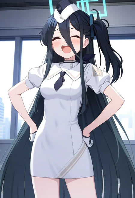 game cg, 1girl, solo, operator uniform, aris \(blue archive\), long hair, halo, closed eyes, laughing, standing, hands on own hips, white garrison cap, neckerchief, short jacket, white dress, short necktie, puffy short sleeves, large breasts, half gloves, white short boots, <lora:utnapishtim_operator_ag3.1:0.8>