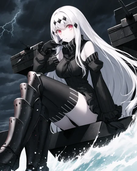 (masterpiece, best quality, best anatomy, digital art, Intricately designed 2d illustration), aircraft carrier water oni, abyssal ship, shinkaisei-kan, :|, 1girl, solo, white skin, red eyes, (white hair, long hair, very long hair, hair ornament), breasts, large breasts, (detached sleeves, bare shoulders, black gloves, gloves), (dress, black dress, sailor dress, ribbed dress, short dress), (zettai ryouiki, thighhighs, black thighhighs, black footwear, armor, armored boots, boots, greaves, knee boots), (machinery+teeth), (storm clouds, stormy waters, dark skies, bright highlights)
