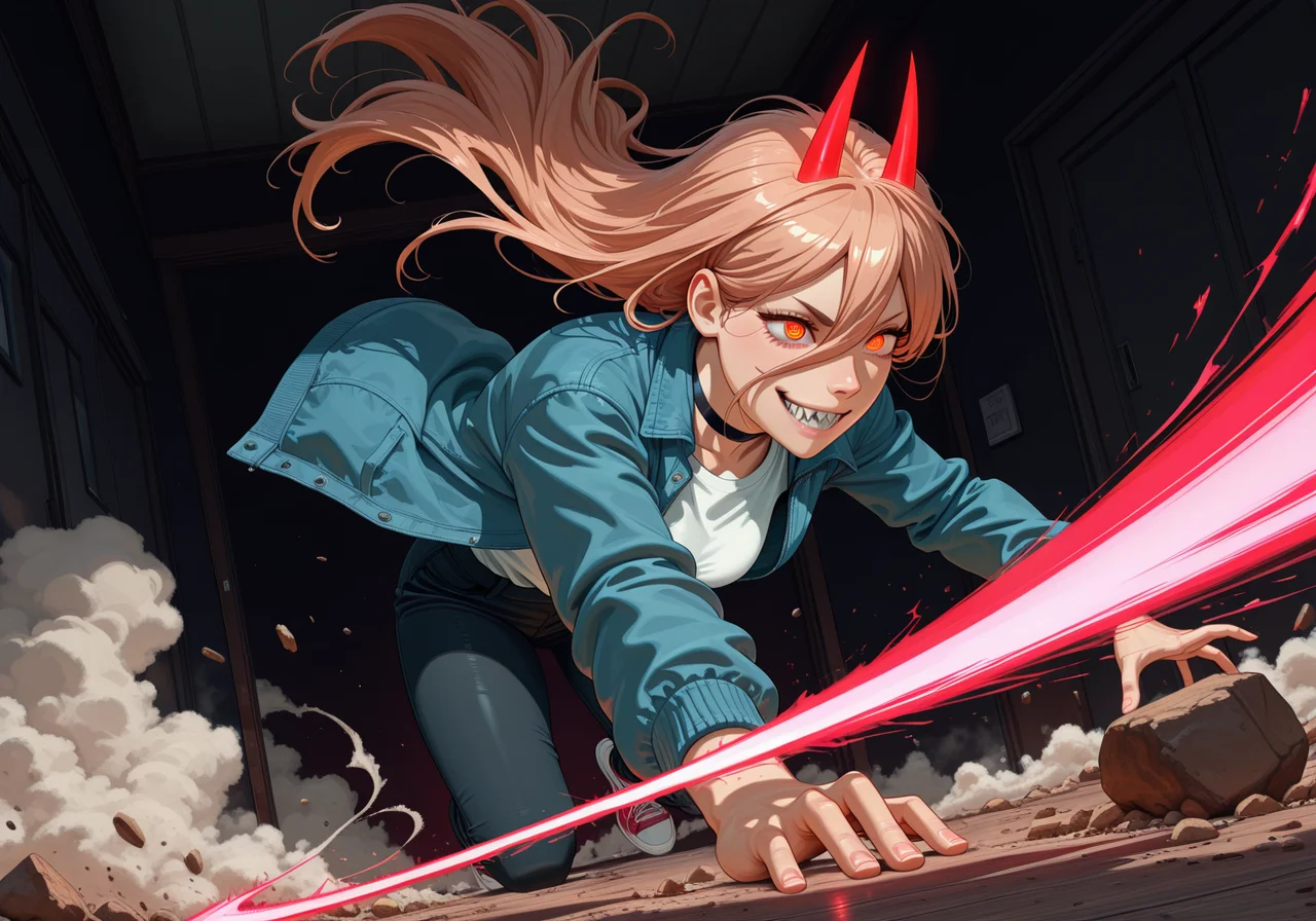 masterpiece, best quality, amazing quality, very aesthetic, absurdres, newest, s0larpunk, power_\(chainsaw_man\), low_angle, side_profile, dynamic_pose, action_scene, intense_motion, dramatic_perspective, chaotic_energy, mischievous_laugh, sharp_teeth, wide_grin, glowing_eyes, motion_blur, exaggerated_perspective, impact_sparks, dust_clouds, debris_in_air, slashing_motion, high_speed_movement, cinematic_lighting, glowing_red_lights, blue_jacket, white_shirt, black_tie, lore_accurate_outfit, indoors_at_night, moody_shadows, dark_background, atmospheric_depth, detailed_clothing, reze_\(chainsaw_man\)<lora:s0larpunk.safetensors:1.0:1.0>
