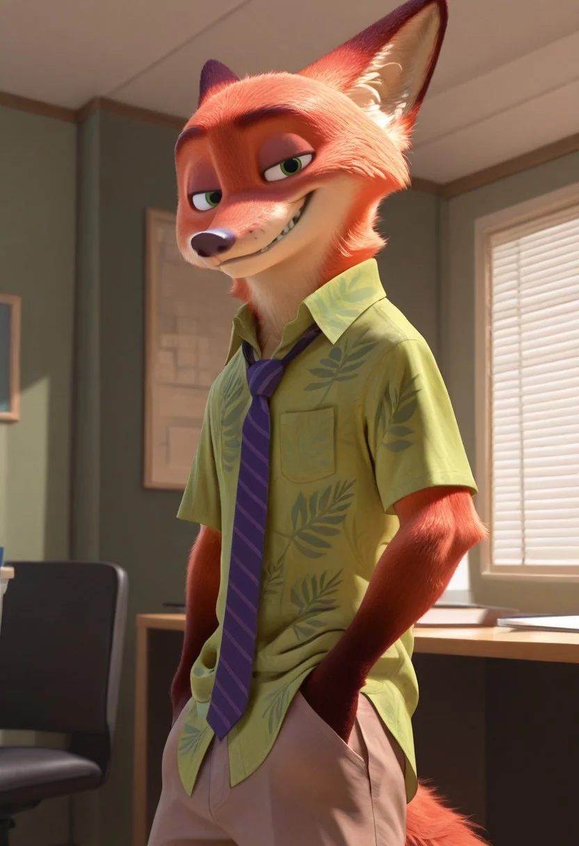 masterpiece, best quality, amazing quality, very aesthetic, absurdres, newest, high quality, detailed, male, solo male, NickWilde, 1boy, mature male, male, athletic build, anthro, fox, orange fur, animal ears, green eyes, green hawaiian shirt, purple tie, tan khakis, standing, indoors, looking at viewer, grinning, office, hands in pants pockets, volumetric lighting