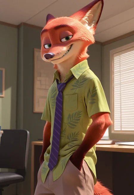 masterpiece, best quality, amazing quality, very aesthetic, absurdres, newest, high quality, detailed, male, solo male, NickWilde, 1boy, mature male, male, athletic build, anthro, fox, orange fur, animal ears, green eyes, green hawaiian shirt, purple tie, tan khakis, standing, indoors, looking at viewer, grinning, office, hands in pants pockets, volumetric lighting
