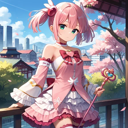 score_9, score_8_up, score_7_up, score_6_up, score_5_up, score_4_up, BREAK source_anime, look at viewer, rating_safe, 1girl, solo, city, cherry blossom, railing, masterpiece, best quality, high detailed skin, chiyoda momo, blue eyes, pink hair, short hair, momo magic, magical girl, short twintails, wing hair ornament pink bowtie, pink choker, bare shoulders, detached sleeves, pink skirt, layered skirt, frilled sleeves, frilled skirt, lace-trimmed choker, frilled thighhighs, thighhighs, holding wand,