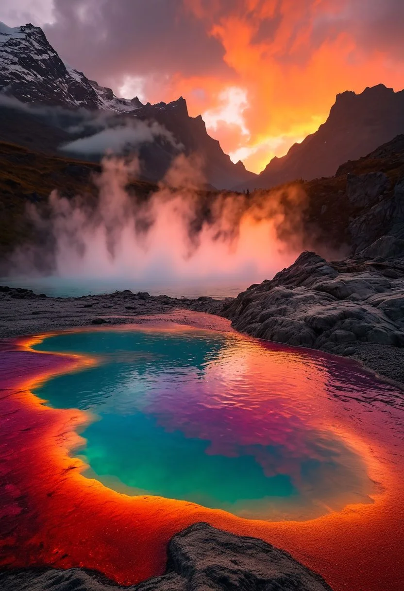 (geothermal geyser pool bubbling and steaming:1.2) with lava, geothermal vent rock formations, colorful spectrum tones anodized, (cloud cover) overcast, (sunset orange and lavender:0.48) color grading, moody misty atmospherics, alpine (woodlands) in background, fjord mountain arêtes, convex spherical vision, curvilinear perspective view, 4k, highres, best quality, cinematic, epic, pantone analogue style, concept art, masterpiece, dynamic, gritty realism, professional shot, vintage photography, editorial photography, 60mm, lens iso 300 f/4 1/200th, hdr, low depth of field, sharp focus, iris blur, bokeh, sharp clarity, fine intricate details, warm dappled soft lighting, detailed highlights, backlight illumination, rim lighting
