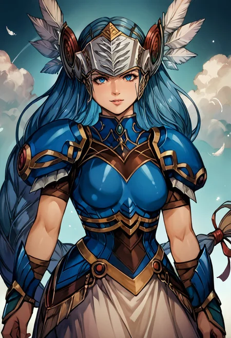 score_9, score_8_up, score_7_up, score_6_up, score_5_up, score_4_up, detailed, intricate details, source_anime,score_9, score_8_up, score_7_up, VPLenneth, 1girl, very long hair,, Long Braided Ponytail, braided ponytail, blue hair, blue eyes, Bangs,  Blunt Bangs, armor, helmet, feathers, vambraces,  pelvic curtain, armored dress, winged helmet, short sleeves, skirt, white skirt, shoulder armor, arm guards, blue armor breast plate, looking at viewer, portrait
<lora:add-detail-xl:1.0> ,(((feminine bodies))),(((perfect anatomy))), (((correct arms))), (((correct hands))), detailed eyes、detailed face and detailed skin <lora:add-detail-xl:1.0>
