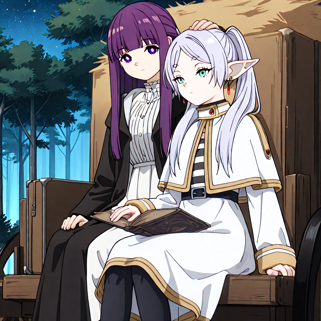 absurdres, sensitive, 2girls, frieren, fern, sitting, hay cart, hay, wagon, elf, grey hair, twintails, capelet, black pantyhose, purple hair, long hair, straight hair, white dress, long sleeves, robe, open book, holding book, suitcase, hand on another's head, headpat, smile, expressionless, forest, dark, fog, riding, <lora:haycart_ilxl:1>