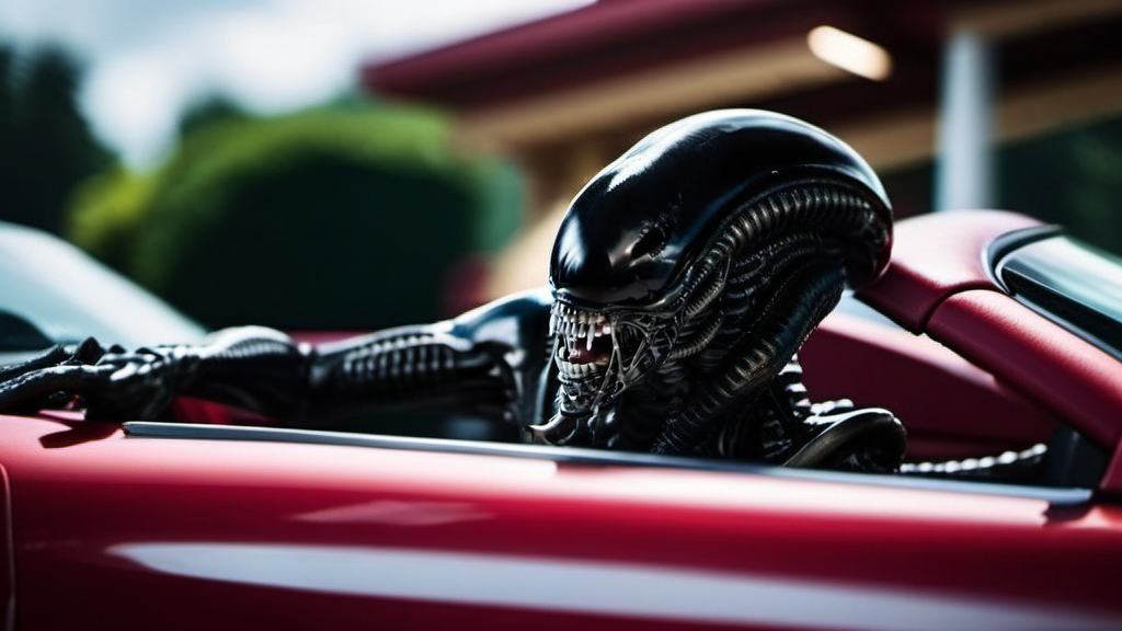 Xenomorph1024, an alien driving a red convertible car, highly detailed, photography, ultra sharp, film, bokeh, professional, 4k <lora:Xenomorph1024:0.8>