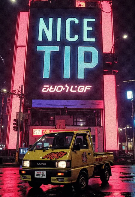retro anime style,dancing robot arms,
A cyberpunk KeiTora car with the neon,
the huge digital characters saying "NICE TIP".