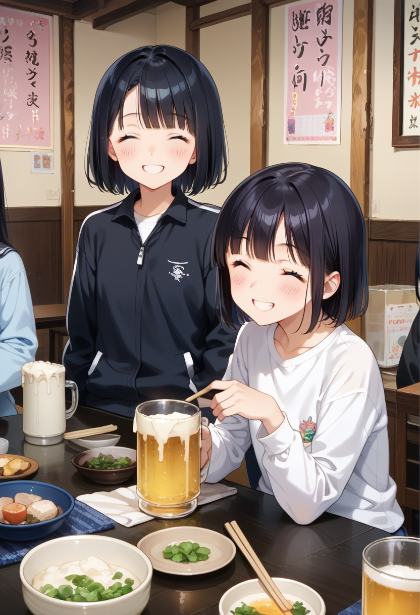 score_9, score_8_up, score_7_up, rating_safe, masterpiece, best quality, absurdres, unity 8k wallpaper, official art, official style, source_anime, game cg, megami magazine,
murayakuba, izakaya, black hair, multiple girls, shirt, cup, holding, beer mug, black shirt, chopsticks, bowl, closed eyes, indoors, table, food, short hair, sitting, smile, white shirt, jacket, long sleeves, poster (object)
 <lora:murayakuba_pony_V1:1>