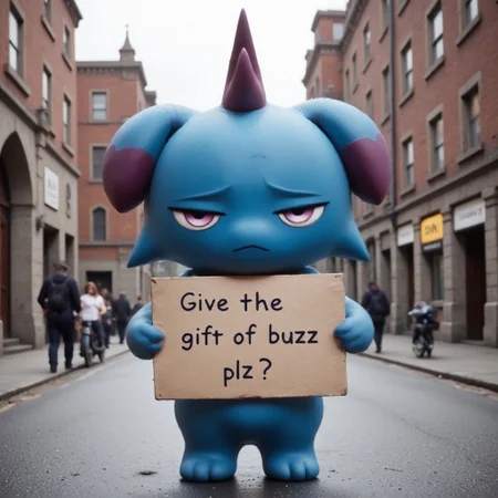 blue Depresso, holding sign, street, text "Give the gift of buzz plz", sad, cry, cute style