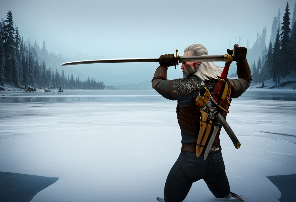 (geralt) sword fighting against the (nutcracker); 
high guard sword parry stance,
at a frozen lake,
realistic photo,
sfw