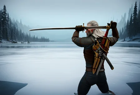 (geralt) sword fighting against the (nutcracker);
high guard sword parry stance,
at a frozen lake,
realistic photo,
sfw