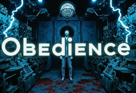 the words ...OBEDIENCE' written in large font fills the front of frame. In the back of frame weird man with in a dark room with checkerboard blue lotus PEOPLE ARE trapped inside machinery, people crushed inside mechanical gears, high gore arms crushed and bent, signs of wailing, people in business suits trapped in machinery. floors with blood on the ground with a white interior cyber tech electricity electical circuits illuminati symbols with brains and vaginas with high technology alchemical background lightning bolts