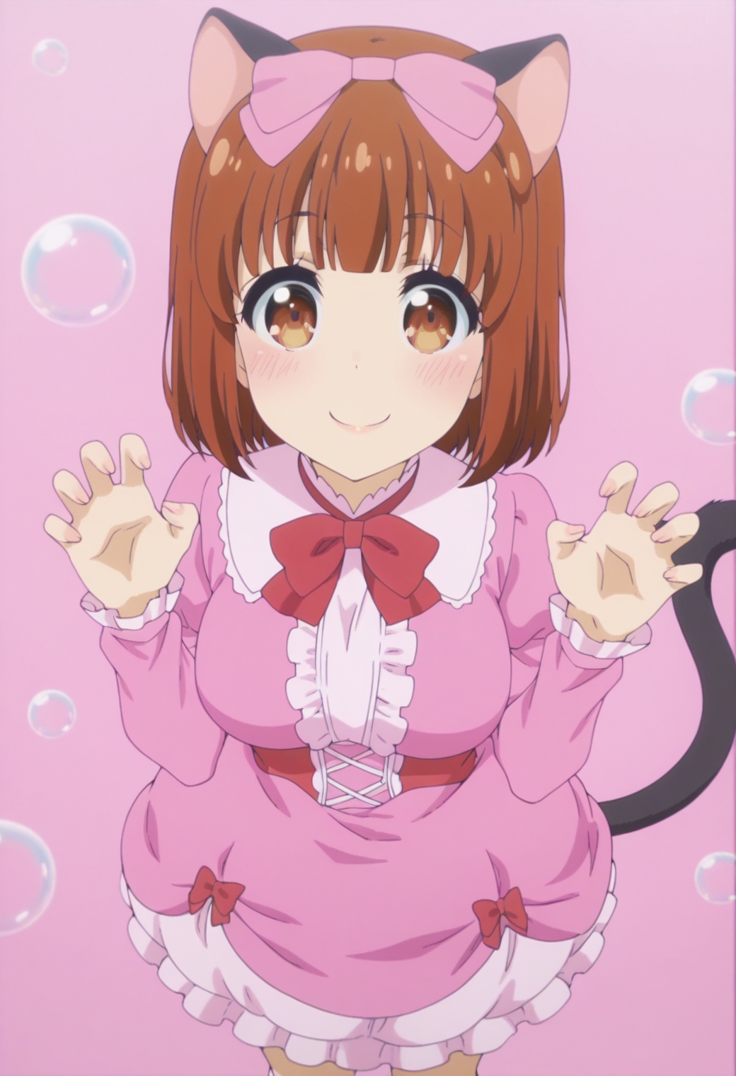 anime screencap, anime coloring,  <lora:DX888Yui:1> nekohime, brown eyes, brown hair, bob cut, blunt bangs, cat ears, cat tail BREAK hair bow, bowtie, pink dress, juliet sleeves, socks, bubble skirt,  BREAK simple background, pink background,  dithered background, BREAK     1girl, blush, claw pose, cowboy shot, from above, hands up,  looking at viewer,  smile, solo, standing,