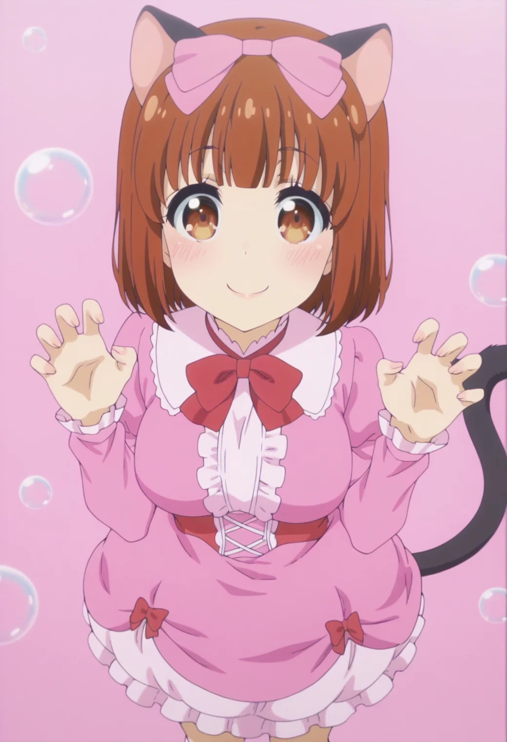 anime screencap, anime coloring, <lora:DX888Yui:1> nekohime, brown eyes, brown hair, bob cut, blunt bangs, cat ears, cat tail BREAK hair bow, bowtie, pink dress, juliet sleeves, socks, bubble skirt, BREAK simple background, pink background, dithered background, BREAK 1girl, blush, claw pose, cowboy shot, from above, hands up, looking at viewer, smile, solo, standing,