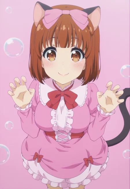 anime screencap, anime coloring,  <lora:DX888Yui:1> nekohime, brown eyes, brown hair, bob cut, blunt bangs, cat ears, cat tail BREAK hair bow, bowtie, pink dress, juliet sleeves, socks, bubble skirt,  BREAK simple background, pink background,  dithered background, BREAK     1girl, blush, claw pose, cowboy shot, from above, hands up,  looking at viewer,  smile, solo, standing,