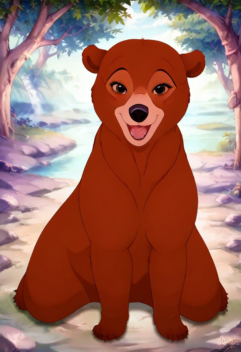 Bear, cartoon, female, Nita, Disney, 2d, detailed forest background, bipedal, full body, <lora:J_cartoon:0.7>, j_cartoon, <lora:MeekoXL:0.9>, Disney, score_9, score_8_up, score_8, solo, (feral), detailed fur, ((happy expression)), ((looking at viewer seductively:1.6)), breathtaking, environmental lighting, professional, highly detailed, ((detailed shaders)), beautiful, high quality, night-time, outdoors, dark forest, <lora:Furtastic_Detailer:1>