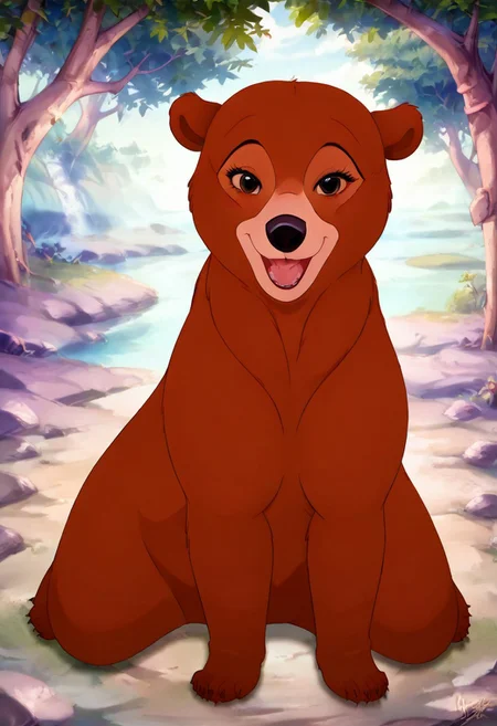 Bear, cartoon, female, Nita, Disney, 2d, detailed forest background, bipedal, full body, <lora:J_cartoon:0.7>, j_cartoon, <lora:MeekoXL:0.9>, Disney, score_9, score_8_up, score_8, solo, (feral), detailed fur, ((happy expression)), ((looking at viewer seductively:1.6)), breathtaking, environmental lighting, professional, highly detailed, ((detailed shaders)), beautiful, high quality, night-time, outdoors, dark forest, <lora:Furtastic_Detailer:1>