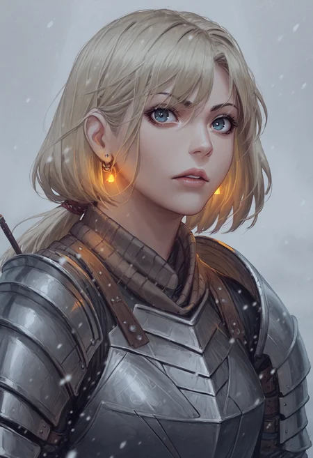score_9, score_8_up, score_7_up, 1girl, metal armor, earrings, snowing
<lora:guweiz_style_pony:1>