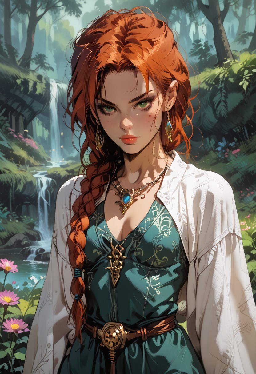 score_9, score_8_up, score_7_up, 1girl, solo, mystical druid, flowing robes with nature-inspired patterns and earthy tones, ancient wooden staff with carved runes and a glowing crystal at the top, long braided auburn hair adorned with flowers and leaves, realistic, cinematic angle, cinematic lighting, graceful body, wise face, deep green eyes, meditative pose
BREAK
standing in a sacred grove surrounded by ancient trees
BREAK
source_fantasy_art, rating_explicit, expressive, full body, elegant pose
BREAK
detailed beautiful background, enchanted forest with towering ancient trees and lush undergrowth, glowing mushrooms and luminescent plants, mystical creatures such as fairies and woodland spirits, distant mountains with waterfalls, serene atmosphere with a sense of harmony and magic, 0n3sp3g
<lora:Expressive_H:0.6>Expressiveh, (SimplepositiveXLv1:1.3), (upper body, full clothed:1.85) ((masterpiece)) (ultra realistic, 32k, masterpiece:1.2), (high detailed skin:1.1), (high quality:1.1) (((full clothed))) <lora:DandonFuga_Style_v.2_-_Pony:0.8> 
<lora:add-detail-xl:1> 
<lora:Dynamic Poses:1>