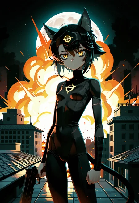 roof, city, explosion, fire, moon, stars,
1girl, catgirl, skinny, bob hair, asymmetrical bangs, black hair, black cat ears, black cat tail, yellow eyes, slit pupils, dark circles under the eyes, small breasts, scars on fase,
looking at viewer, expressionless, dark, dark theme, forehead protector, cowboy shot,
standing, holding gun,
kunitarouartstyle, <lora:kunitarouartIL-style:1>