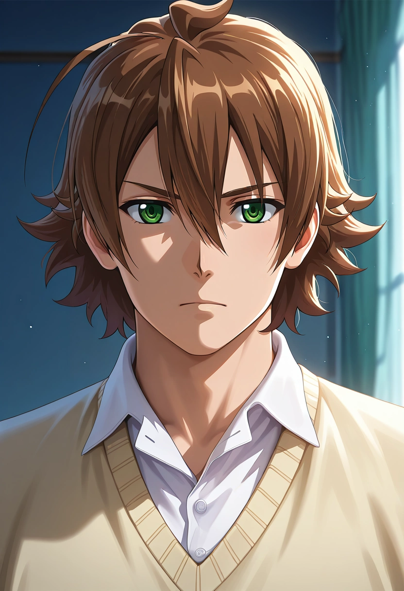 masterpiece, best quality, , (photorealistic:0.6), looking at viewer, 1boy, solo, male focus, <lora:tatsumi_akame_ga_kill_ilxl:0.98>, tatsumi_akame_ga_kill, brown hair, green eyes, short hair, hair between eyes, ahoge,