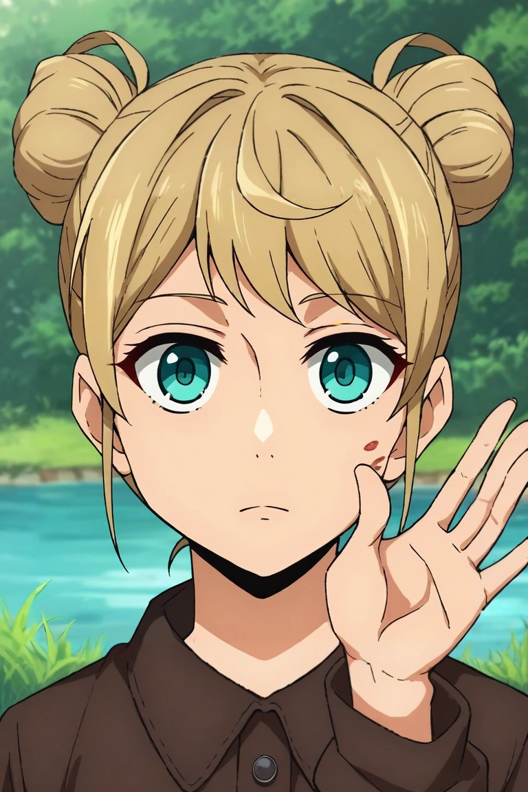 zPDXL, score_9, score_8_up, score_7_up, rating_safe, , looking at viewer, depth of field, 1girl, teal eyes, dirty blonde hair, pageboy, hairpods,, solo, symmetry, river, indoors, light, waving, :o, <lora:kami_no_tou_style_pony:0.84>, kami_no_tou_style, , <lora:sdxl_lightning_8step_lora:1>