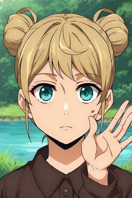 zPDXL, score_9, score_8_up, score_7_up, rating_safe, , looking at viewer, depth of field, 1girl, teal eyes, dirty blonde hair, pageboy, hairpods,, solo, symmetry, river, indoors, light, waving, :o, <lora:kami_no_tou_style_pony:0.84>, kami_no_tou_style, , <lora:sdxl_lightning_8step_lora:1>
