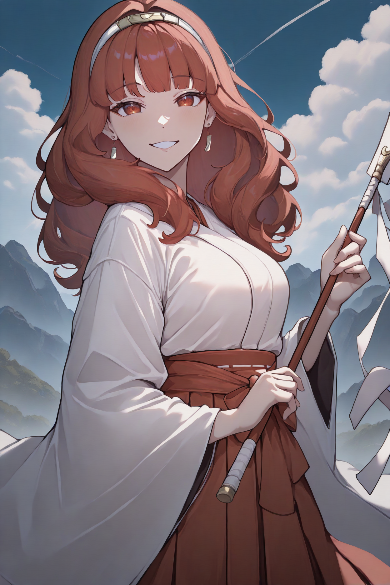 masterpiece, best quality, 1girl, solo, <lora:fecelica-illu-nvwls-v1:1> feCeli, red hair, hairband, earrings, red eyes, newest, absurdres, highres, white kimono, red hakama skirt, looking at viewer, anime, smile, blue sky, clouds, mountains, holding gohei, from side