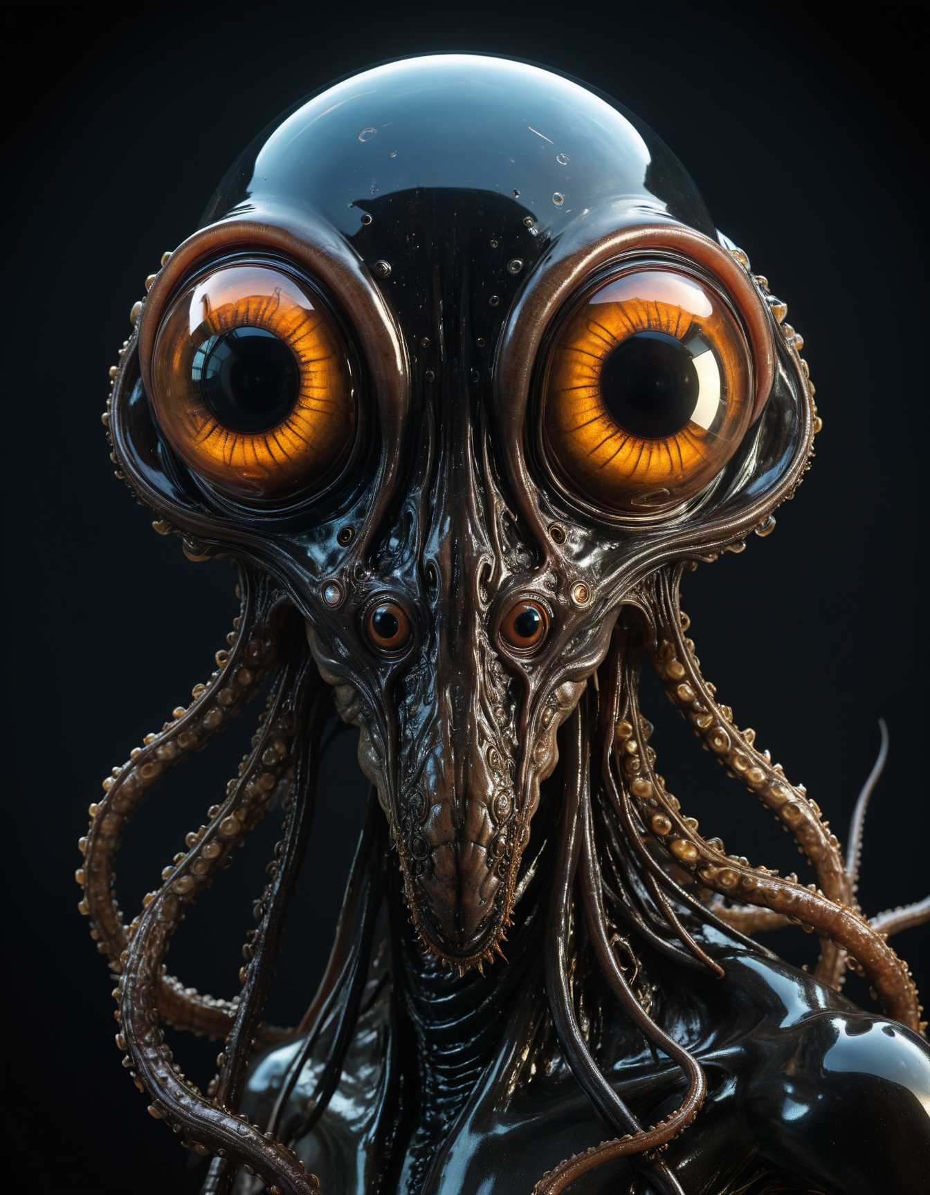 dynamic view, side view, hyper realistic photograph of  a bizarre biomorphic alien creature with a long  chin and a number of massive tentacles,  clear glowing eyes, extremely dark glossy realistic alien skin, black and asphalt grey hue, by Petros Afshar and John Atkinson Grimshaw, (intricate , iconic , masterful:1.4), medium full shot, poster art, bold lines, hyper detailed, expressive,  award winning,  dark limited color palette, high contrast, depth of field, (intricate details, masterpiece, best quality:1.4),
spot lighting, looking at viewer, dynamic pose, wide angle view,
<lora:add-detail-xl:1> <lora:xl_more_art-full_v1:0.5>  <lora:NicolaSamori:0.5> in the style of nicola samori <lora:looking_at_viewer:2>