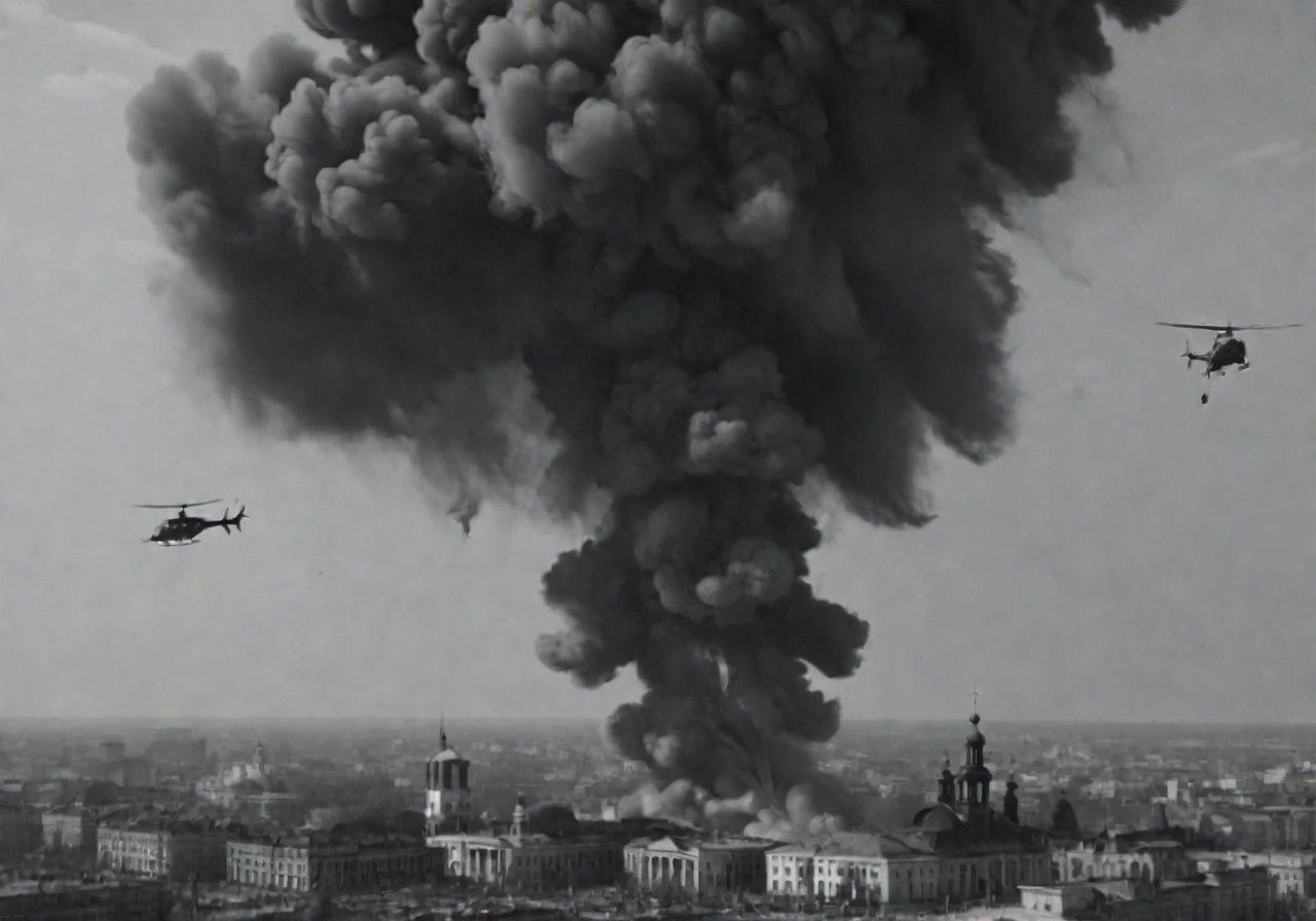 <lora:Smoke_XL:1>, middle shot, modern Ukrainian bombed out city with churches, helicopters overhead,  in the form of smoke_xl
