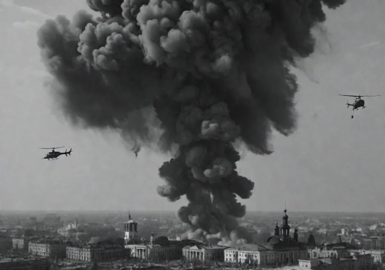 <lora:Smoke_XL:1>, middle shot, modern Ukrainian bombed out city with churches, helicopters overhead, in the form of smoke_xl